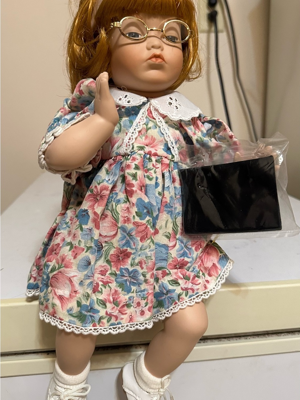 Classic Floral Dress Doll with Glasses - Pink, Blue & Cream